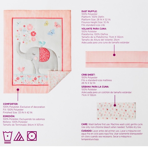 3pc Nursery Comforter Set Crib Sheet Pink Gray Elephant Bird Parent's Choice NEW - Picture 5 of 14
